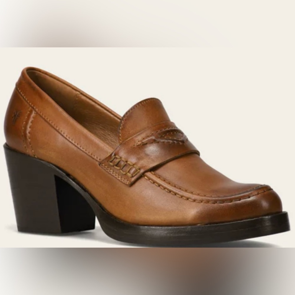 Frye Tan Leather Block Heel Loafers